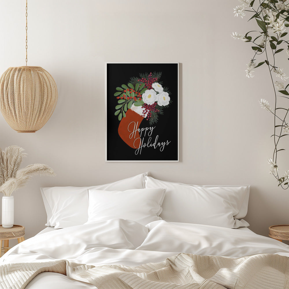 Wall art Floral Stocking Happy holidays in black Canvas Print