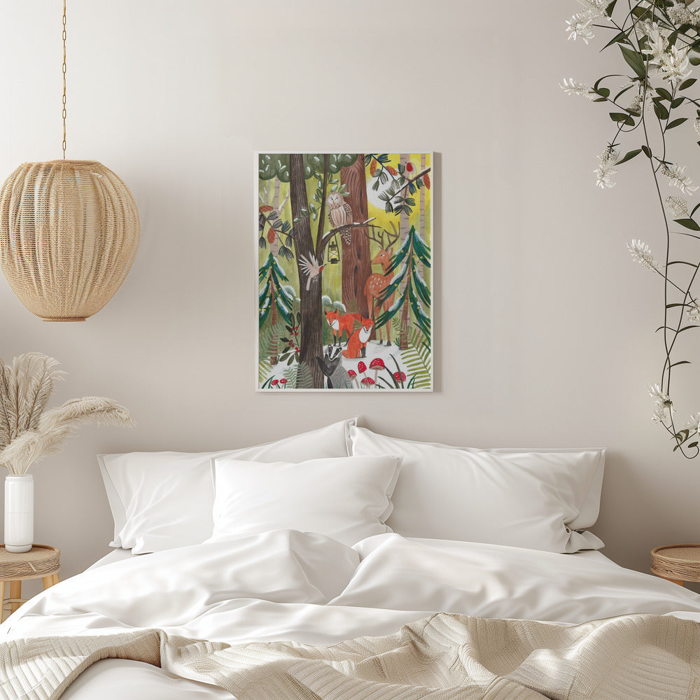 Wall art Green Christmas forest with animals Canvas Print