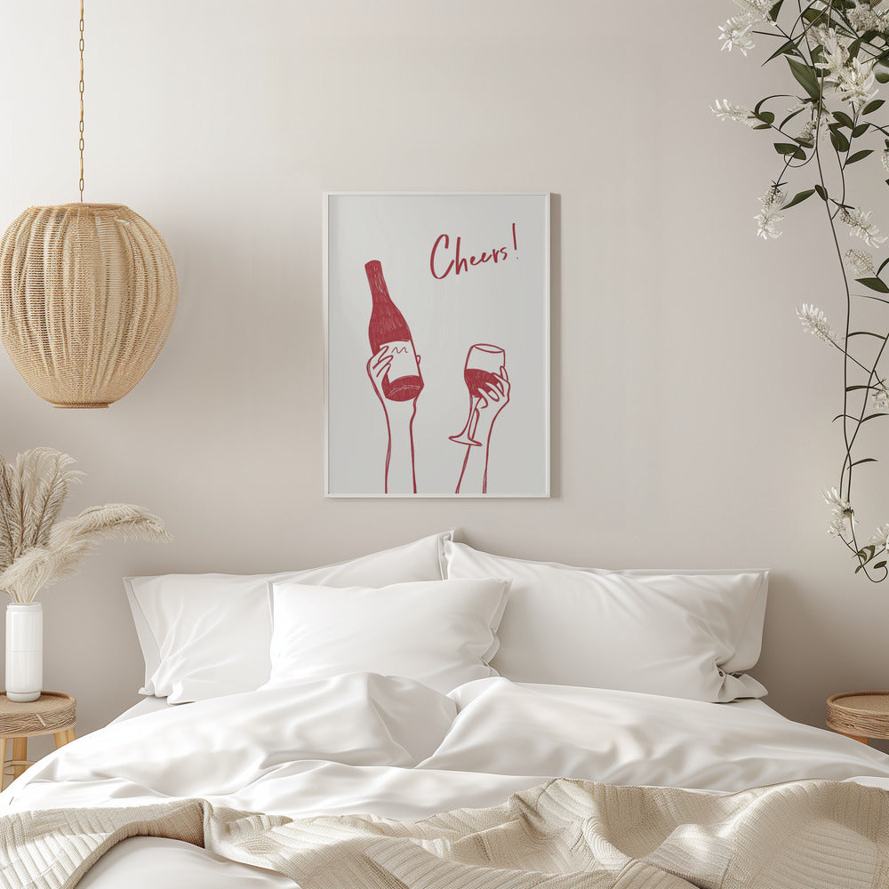 Wall art Cheers wine illustration &amp; text (black &amp; white)