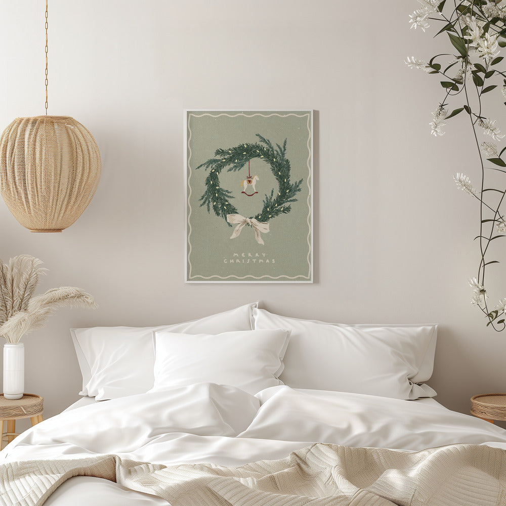 Wall art Horses Toy on Christmas wreath with bow Canvas Print