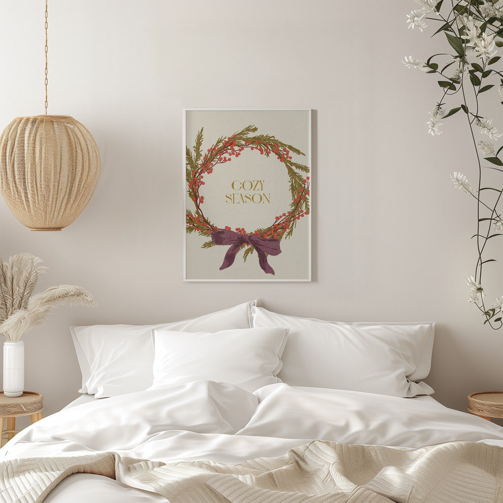 Wall art Cozy Season. Christmas wreath with bow Canvas Print