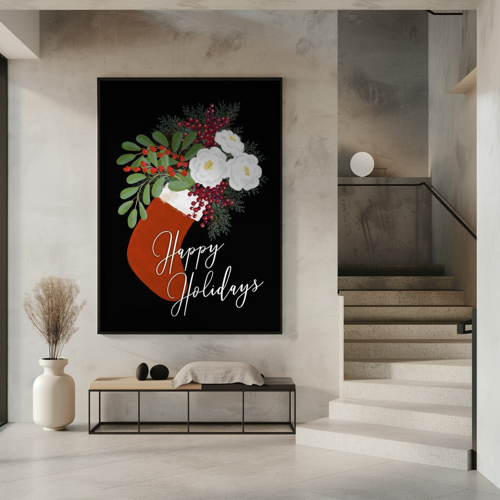 Wall art Floral Stocking Happy holidays in black Canvas Print