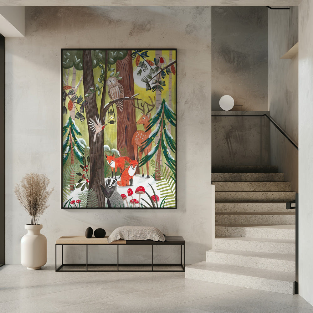 Wall art Green Christmas forest with animals Canvas Print