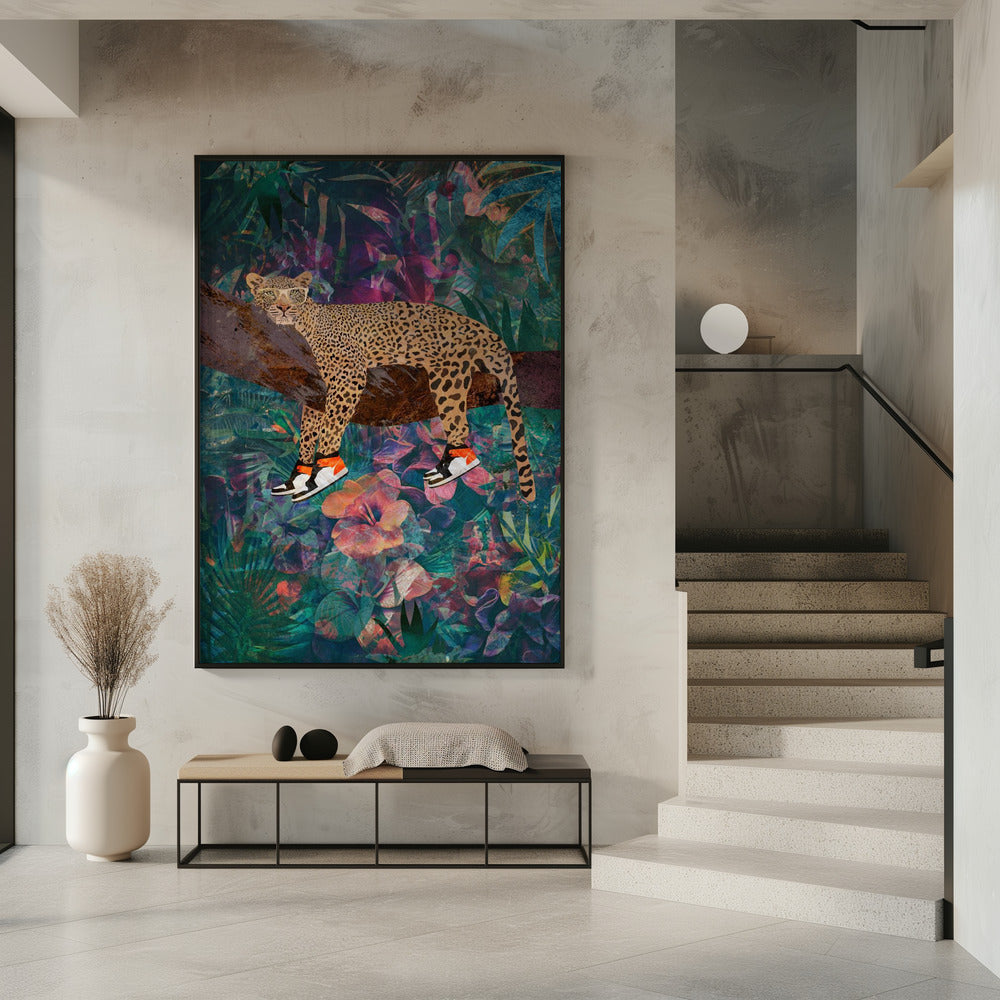 Wall art Tropical Floral Jungle - Leopard wearing shoes