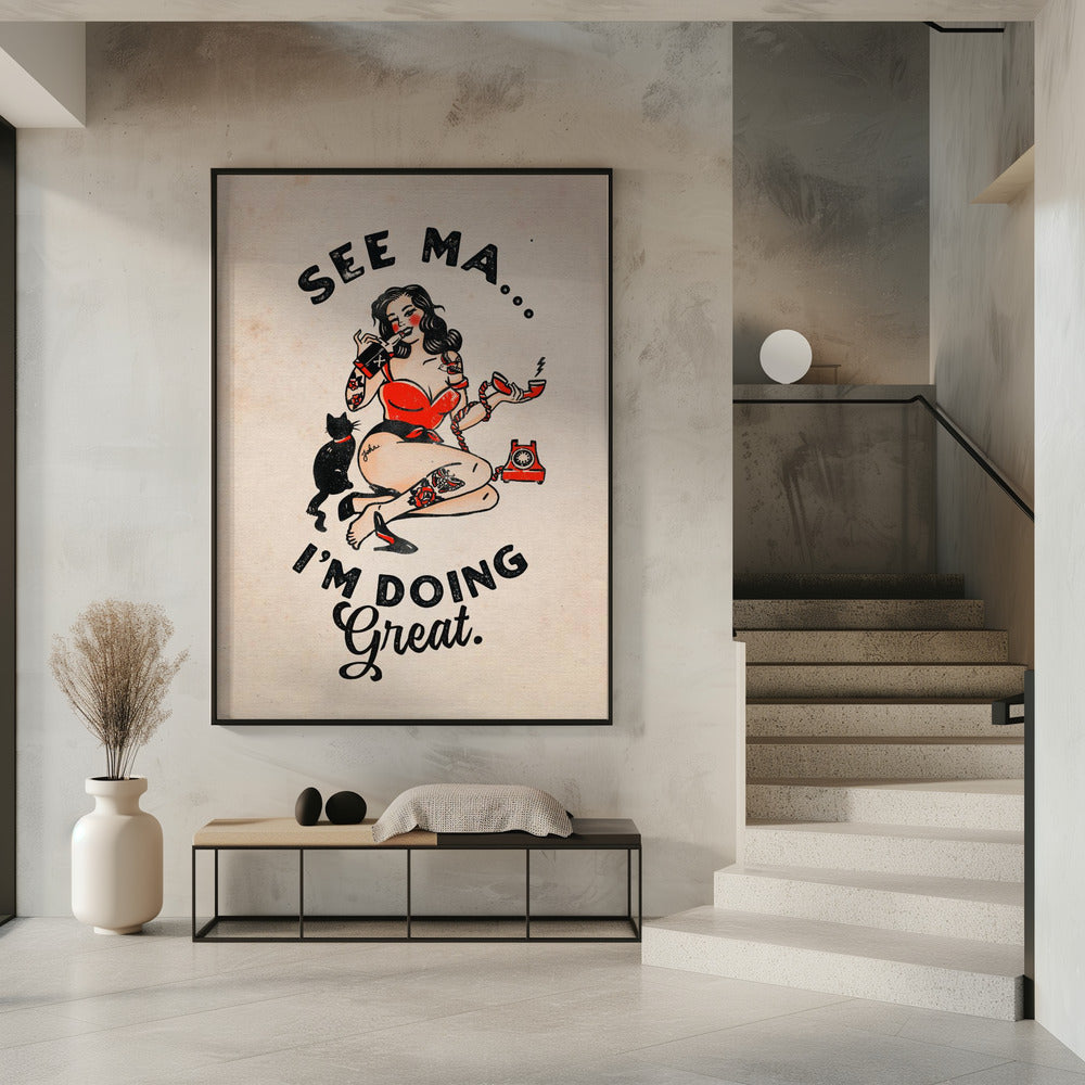 Wall art See Ma Poster Funny Vintage Pinup Girl &amp; Cat