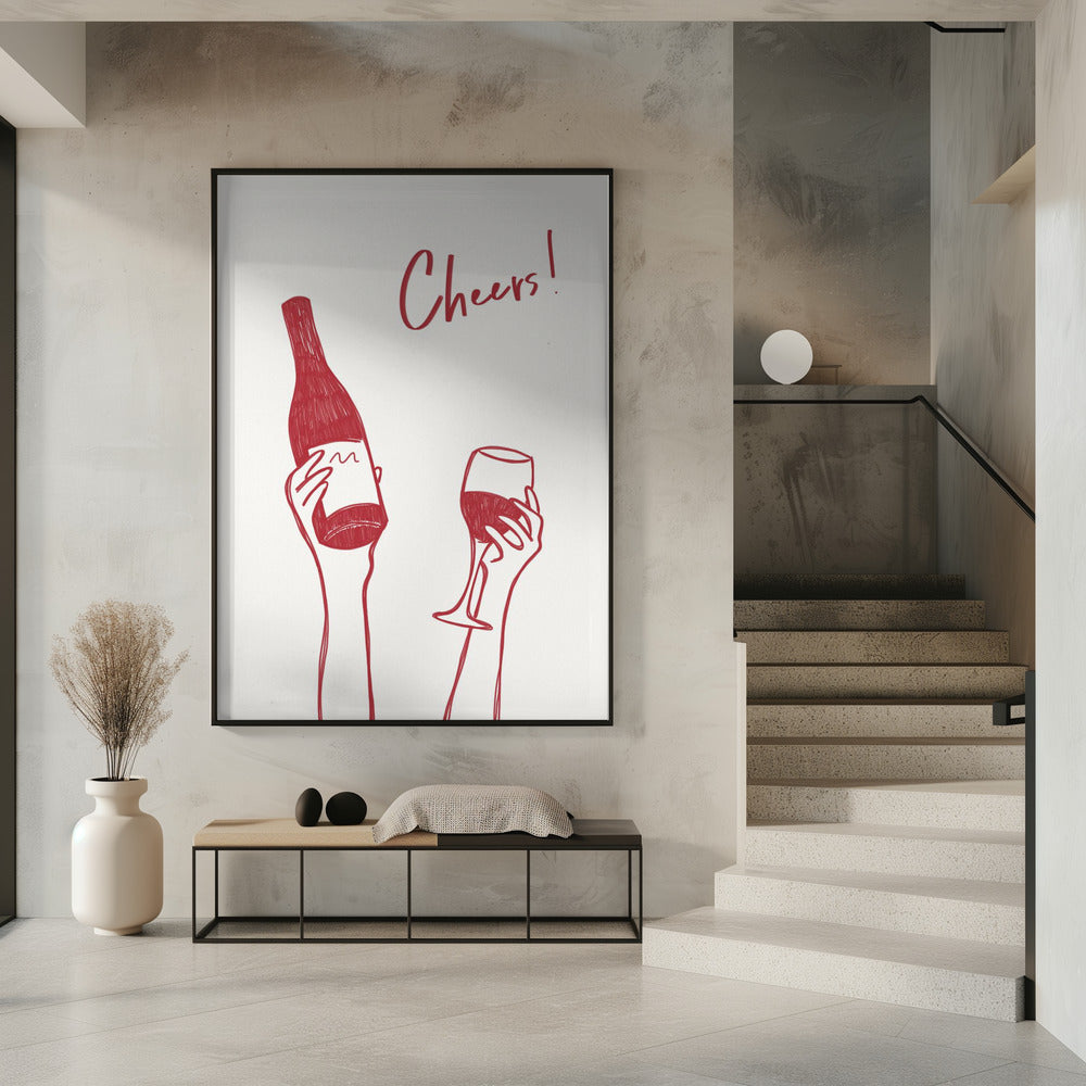 Wall art Cheers wine illustration &amp; text (black &amp; white)