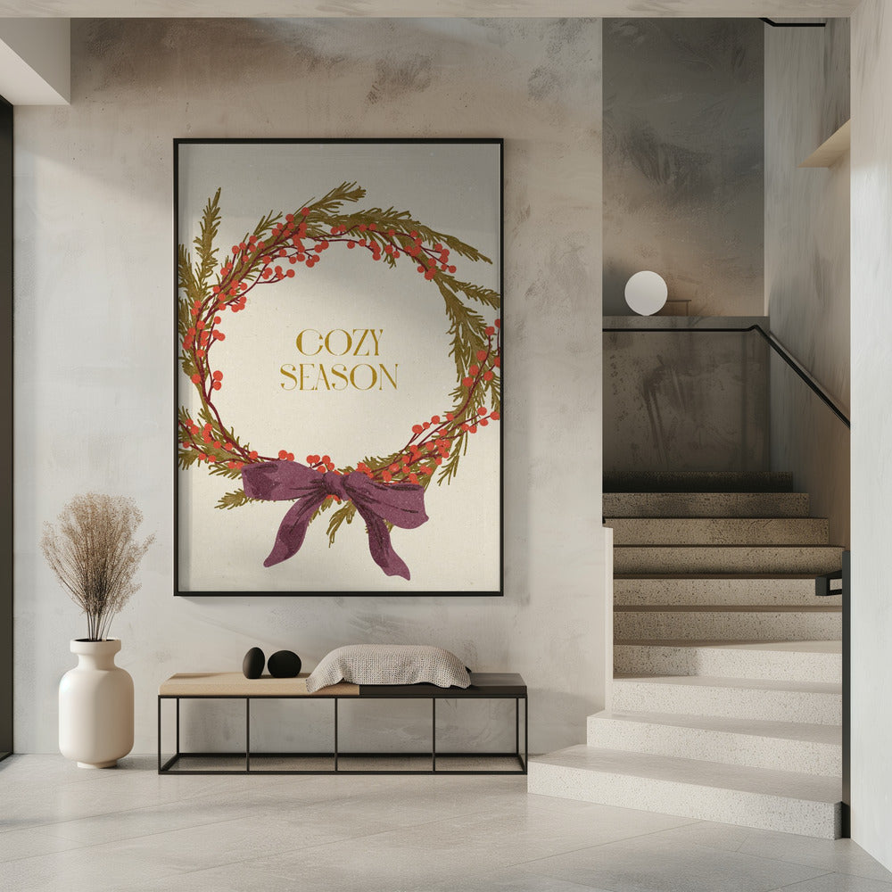 Wall art Cozy Season. Christmas wreath with bow Canvas Print