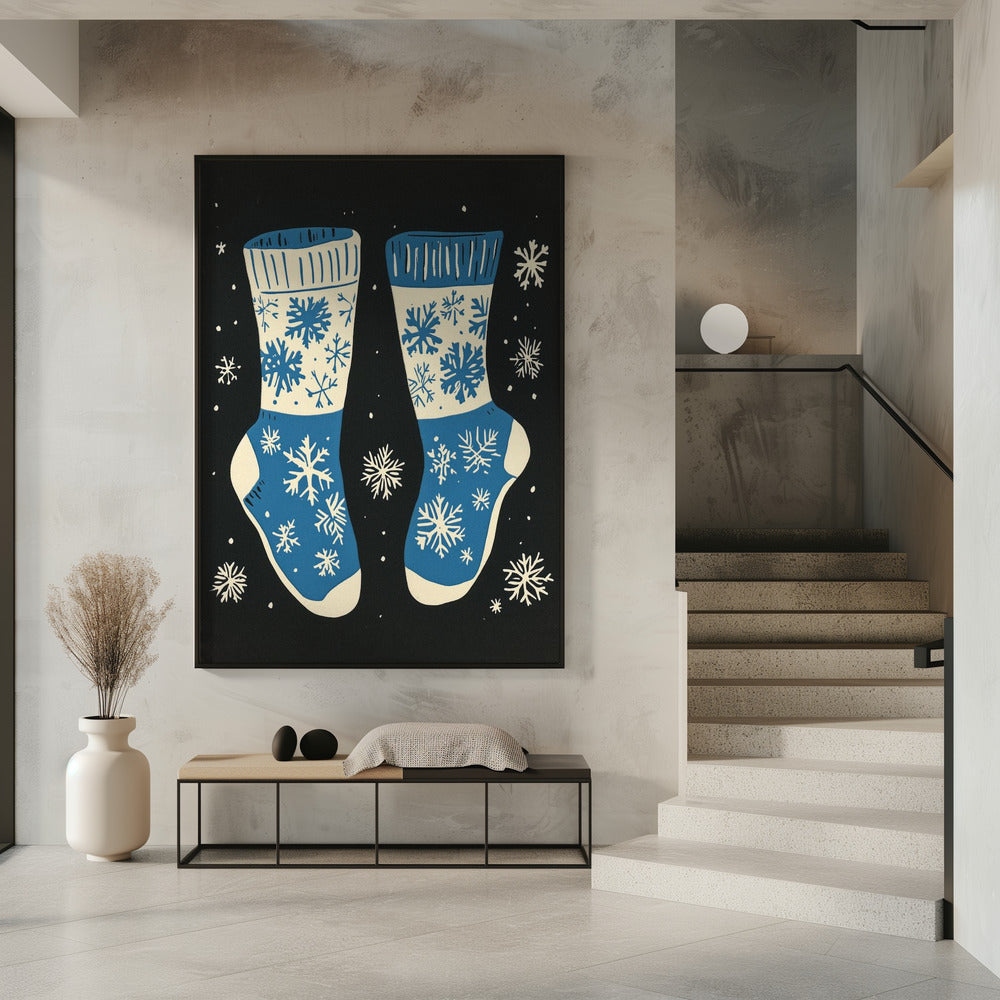 Wall art Vintage Socks Knittwear Blue On Black Canvas Print