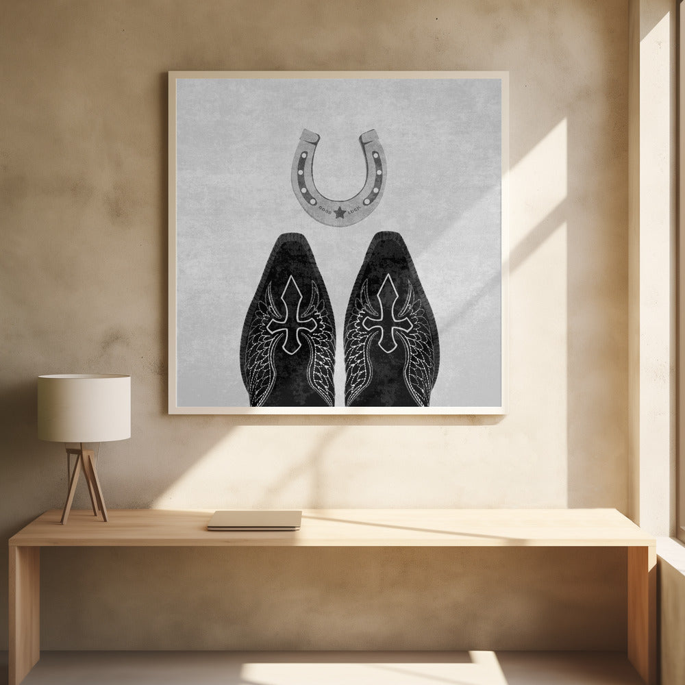 Wall Art Bw Cowboy Boots and Horseshoe