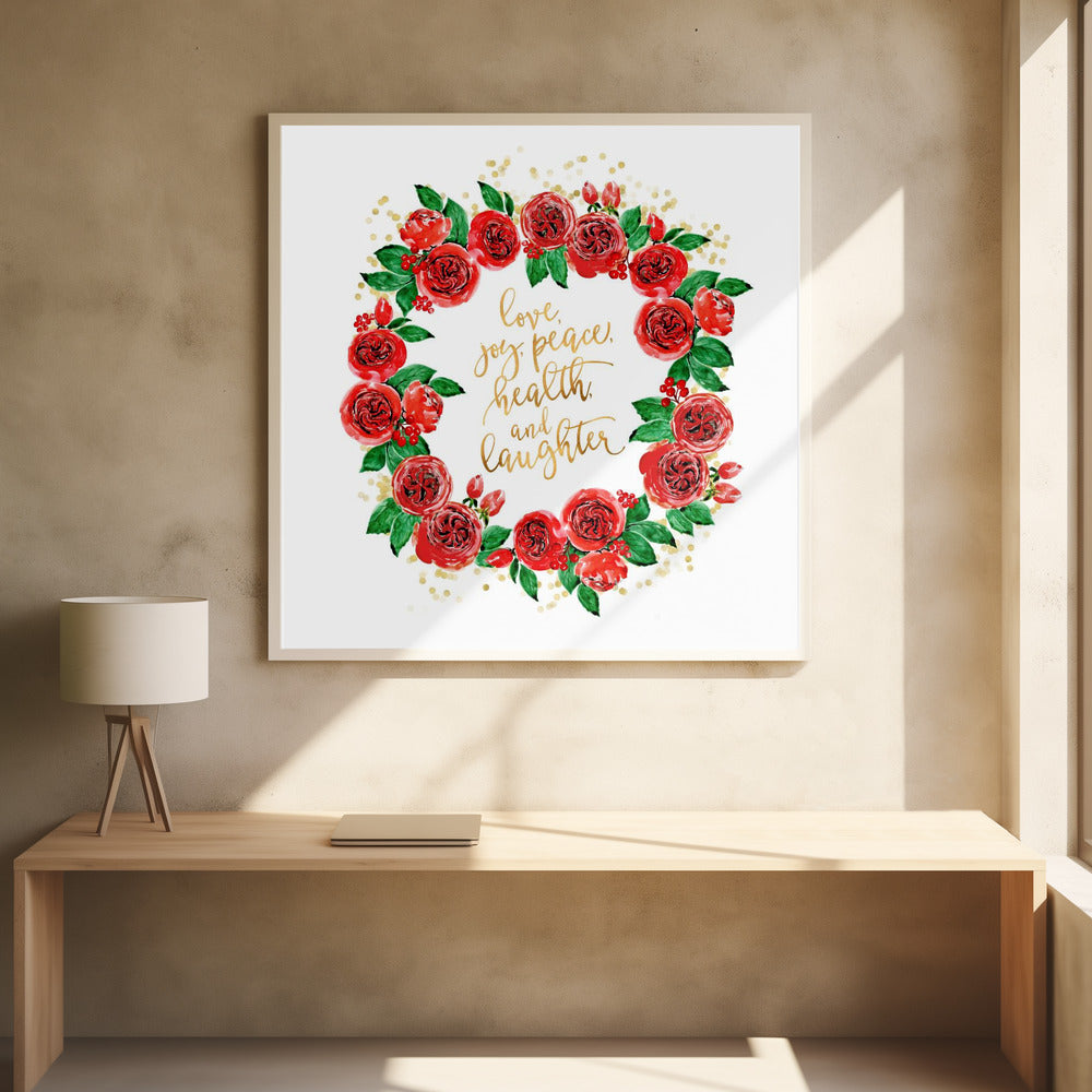 Wall art Holiday wishes wreath of red English roses