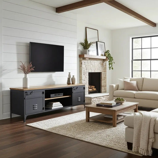 Meuble télé industriel en acier noir style casier dessus en bois de manguier