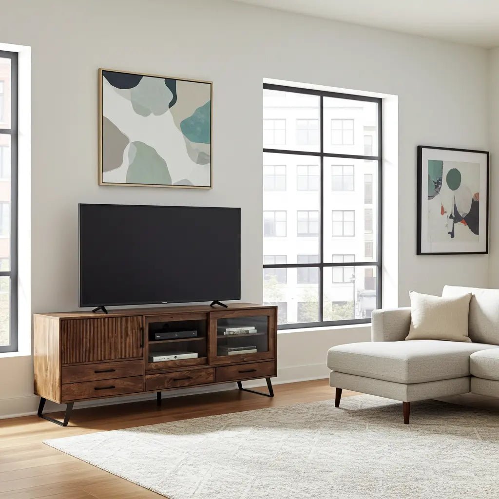 Meuble Télé Arezzo en bois de manguier portes coulissantes vitrées