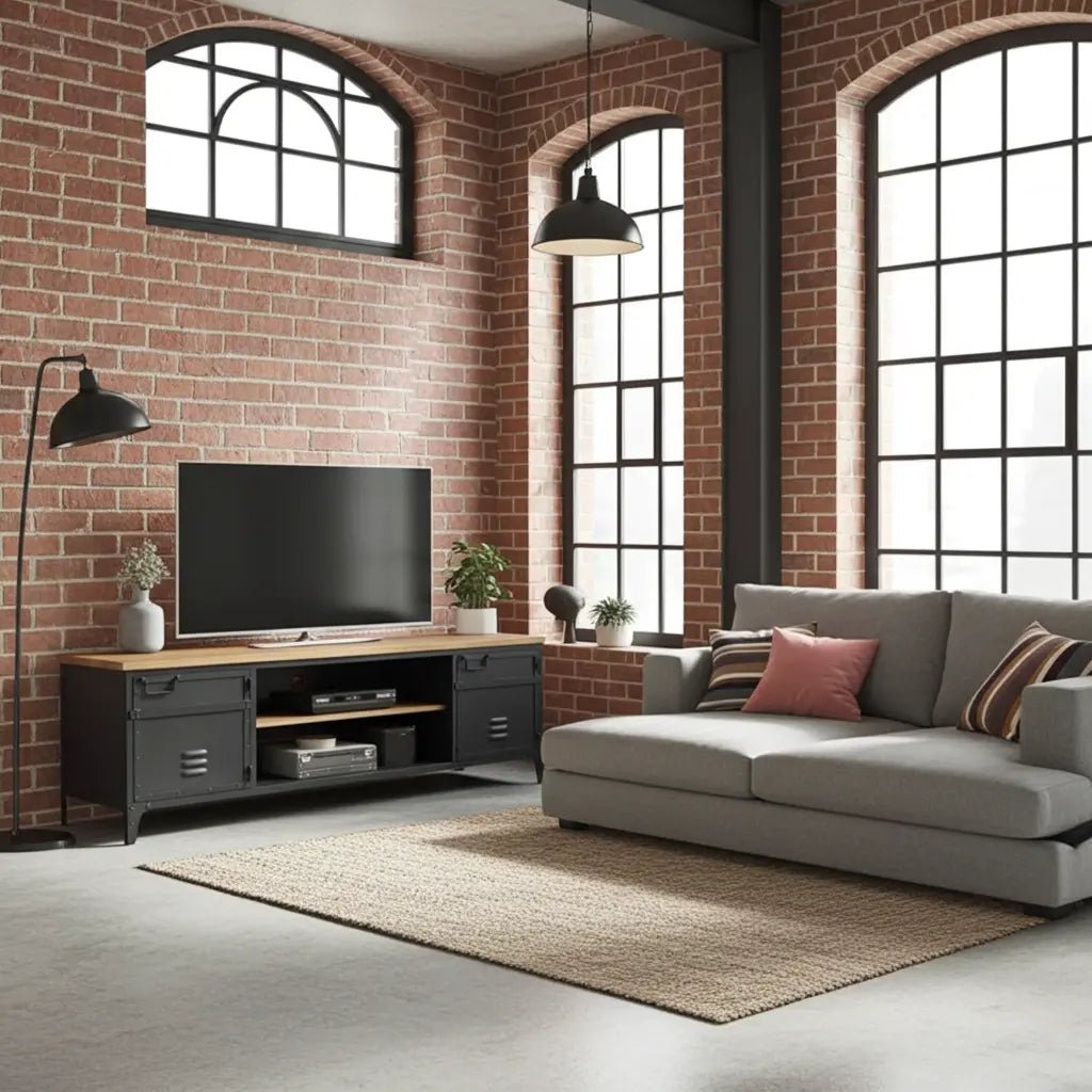 Meuble télé industriel en acier noir style casier dessus en bois de manguier