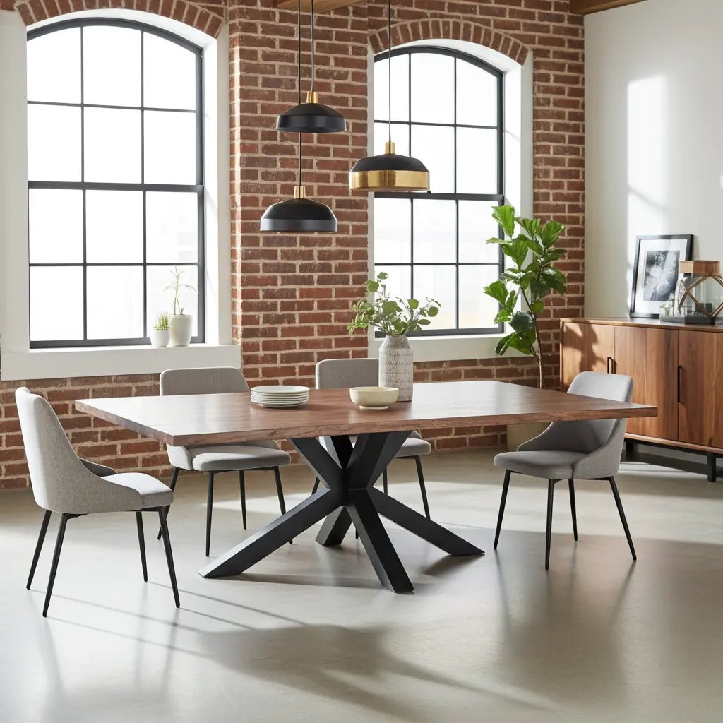 Table à diner patte Spider noir mat avec plateau en bois d'acacia brun