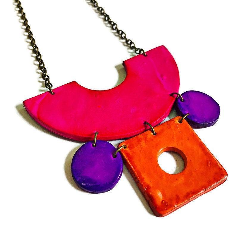 Retro Statement Necklace | Geometric Bib Necklace in Neon Pink, Purple & Orange