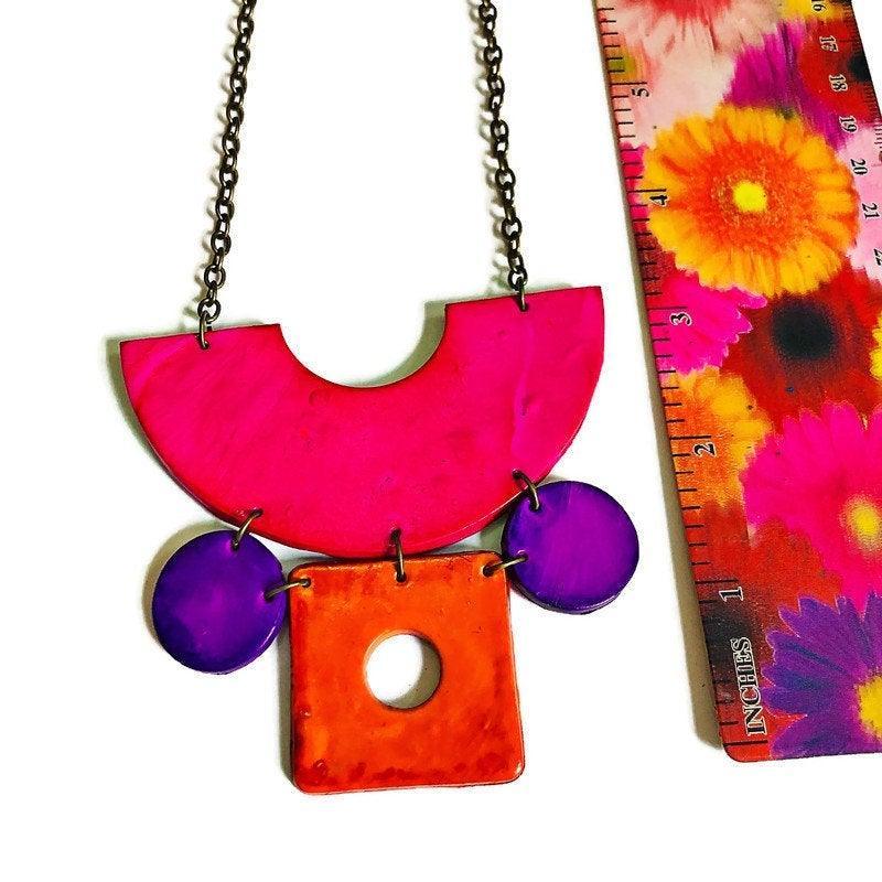 Retro Statement Necklace | Geometric Bib Necklace in Neon Pink, Purple & Orange