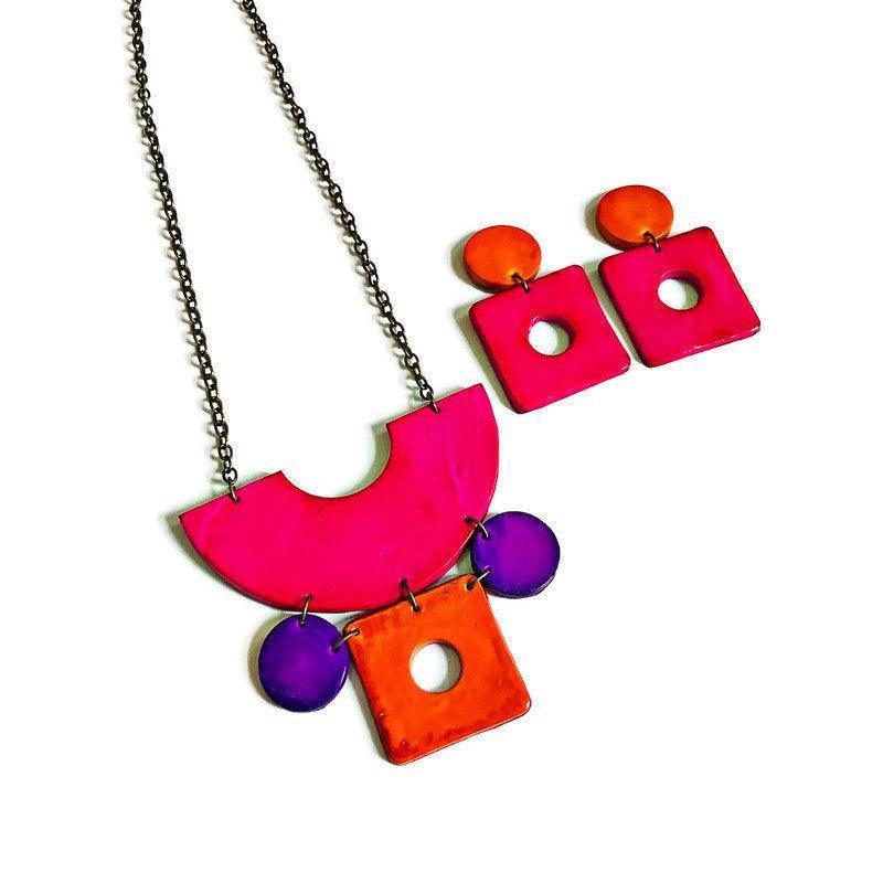 Retro Jewelry Set | Chunky Statement Necklace & Earrings in Neon Pink, Purple & Orange