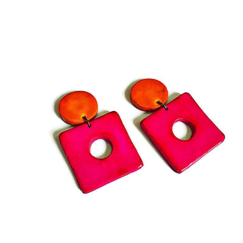 Retro Statement Necklace | Geometric Bib Necklace in Neon Pink, Purple & Orange