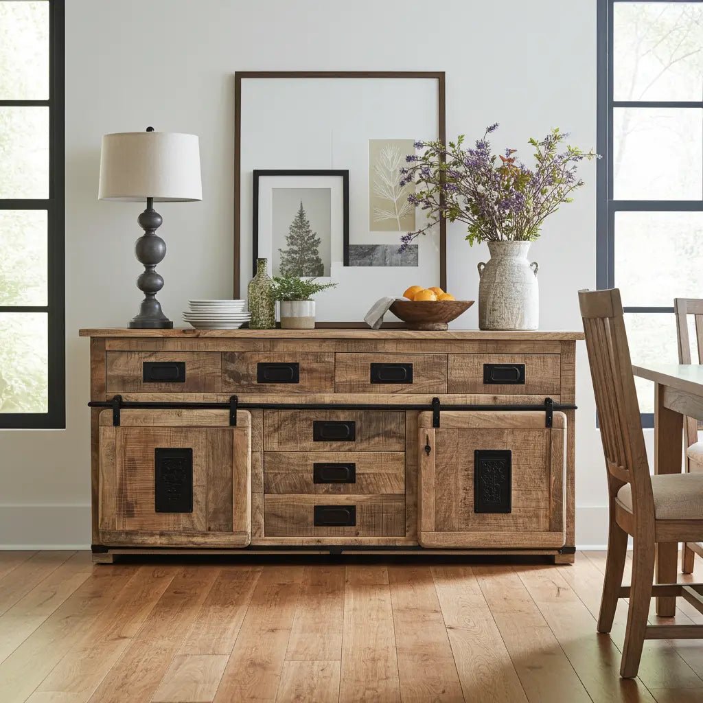 Buffet Farmhouse en bois de manguier brut avec portes coulissantes