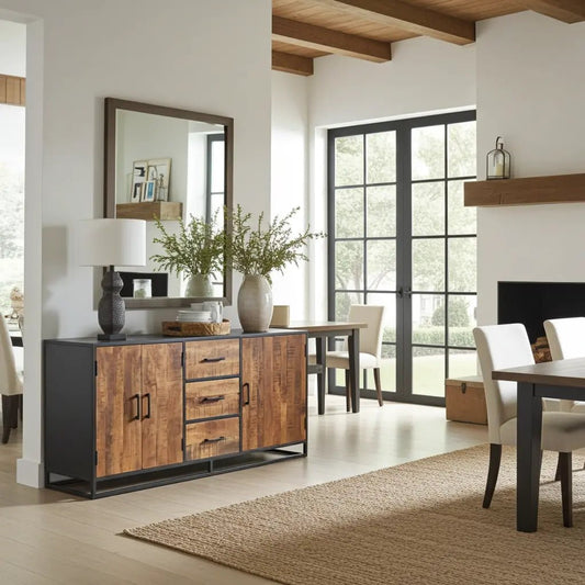 Buffet en bois de manguier et structure d'acier noir
