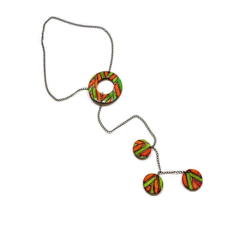Rustic Lariat Necklace & Earrings Set, Green, Orange & Grey, Handmade Polymer Clay
