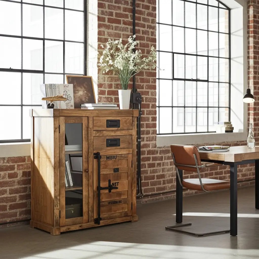 Meuble cabinet style container en bois de manguier avec porte en verre et 2 tiroirs