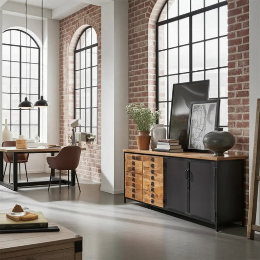 Buffet industriel en bois de manguier 4 portes bois et acier