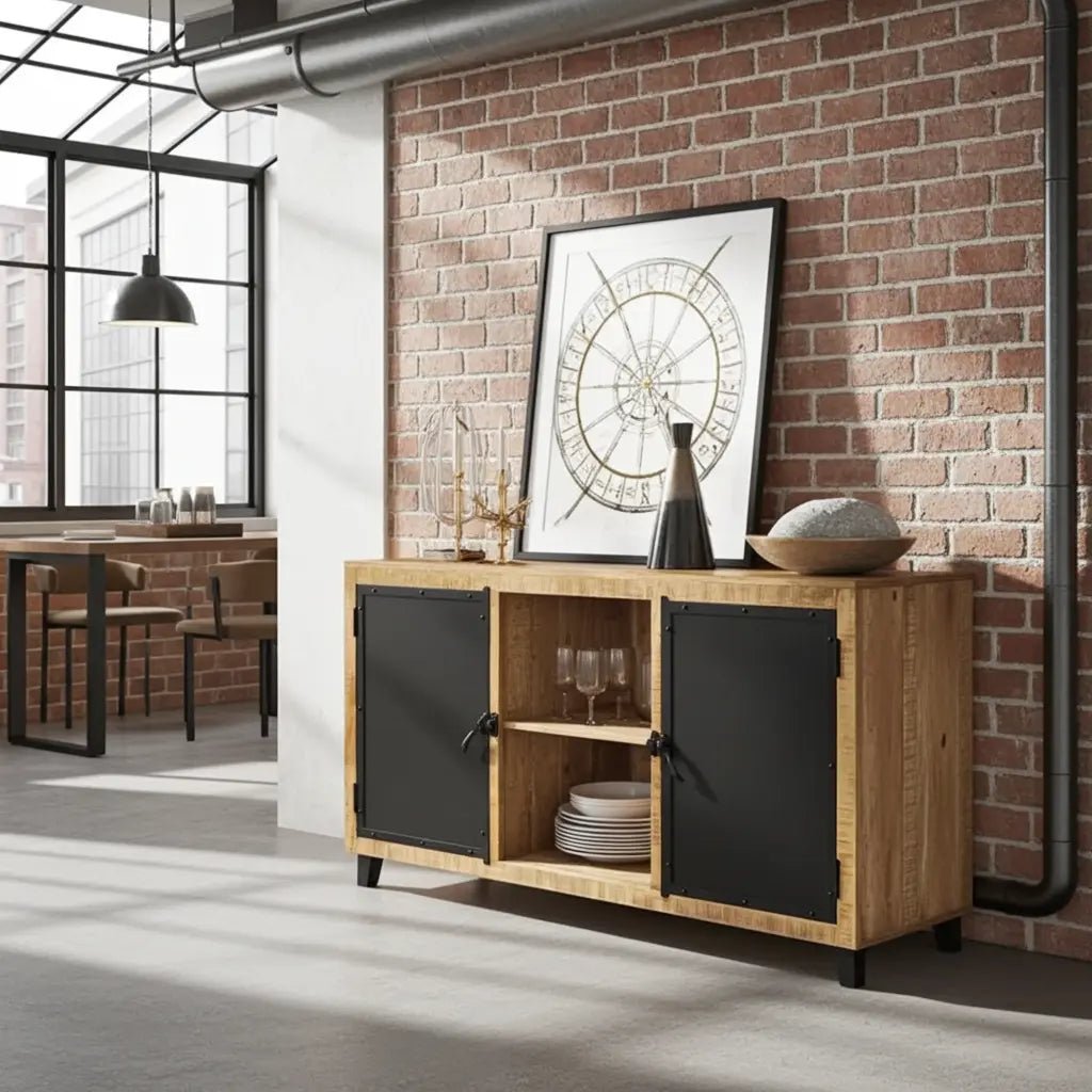 Buffet en bois de manguier avec porte en acier noir