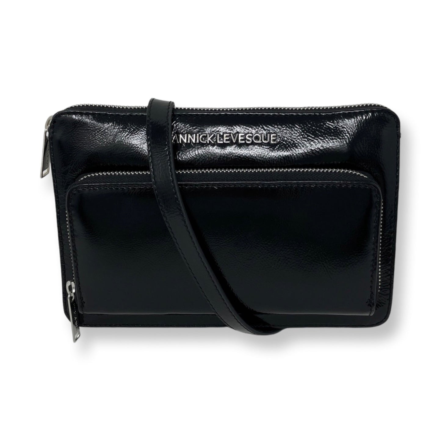 Petit sac à Bandoulière Portefeuille en Cuir Vernis Noir Patin, Carmen - PRÉCOMMANDE