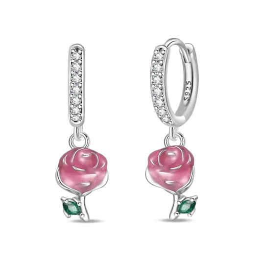 Romantic Rose Sterling Silver Hoop Earrings With Green Accents
