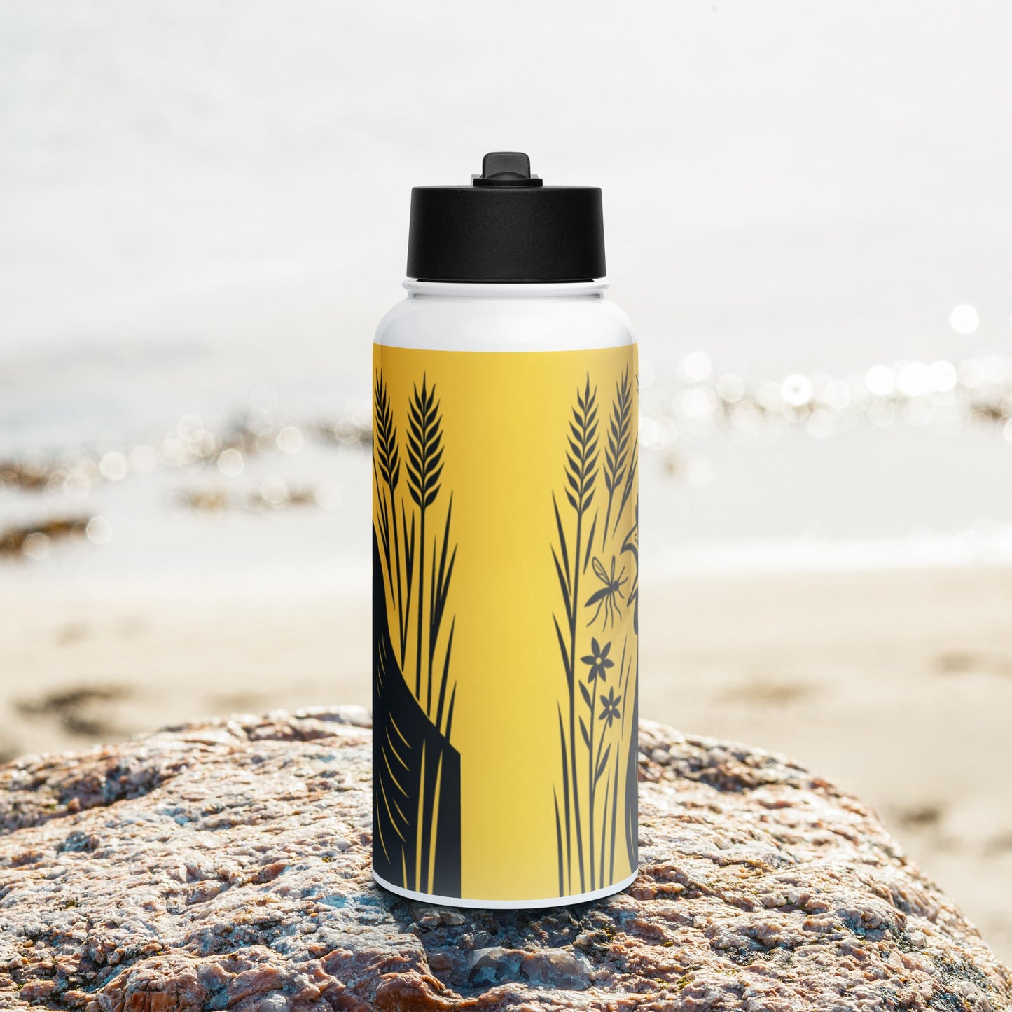 Golden Wheat Rooster Stainless steel water bottle with a straw