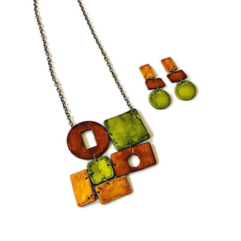Geometric Statement Necklace, Earth Tones, Handmade Polymer Clay