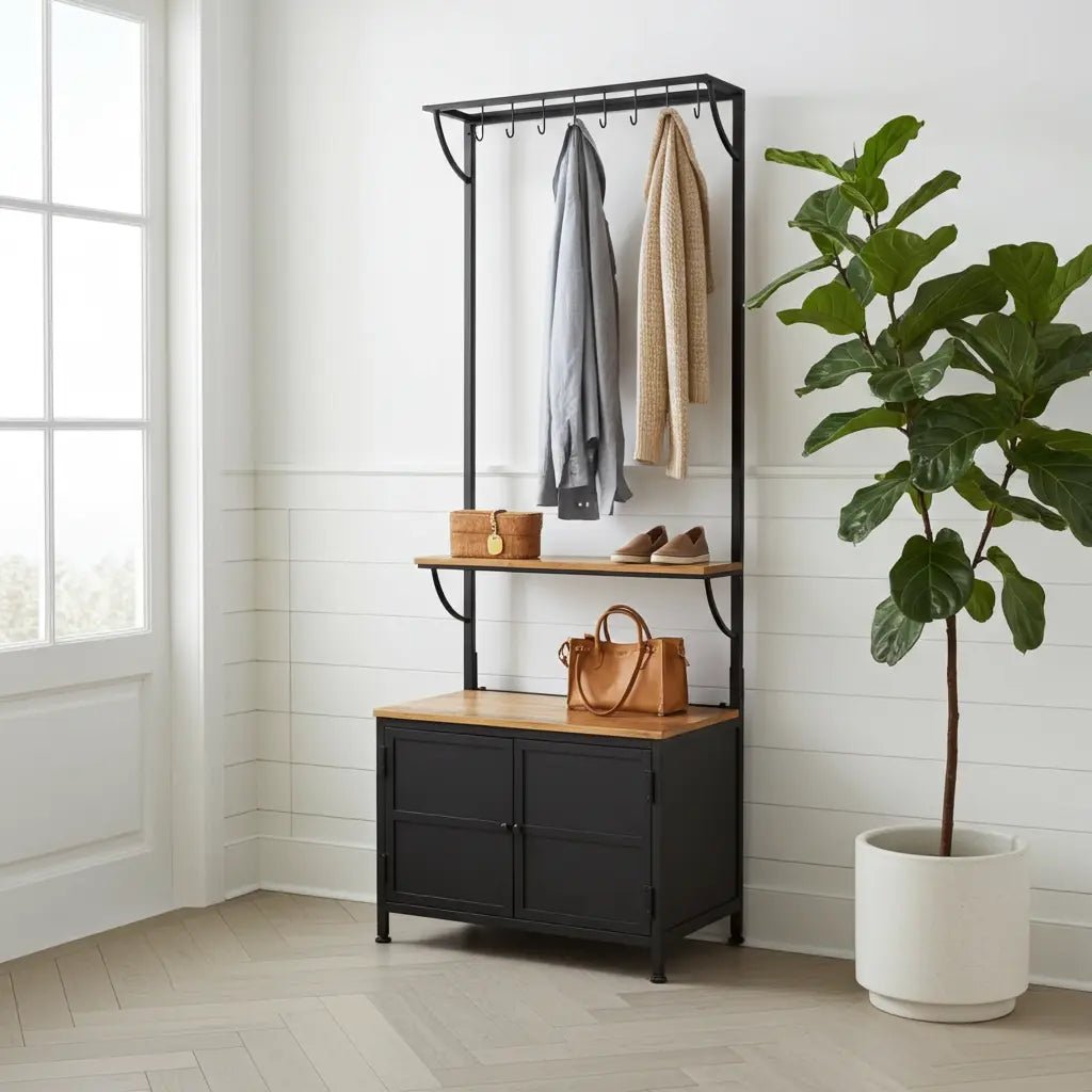 Meubles d'entrée avec banc et rangement, porte-manteau de 32 po, en bois de manguier et acier, meuble avec étagère de rangement et 8 crochets