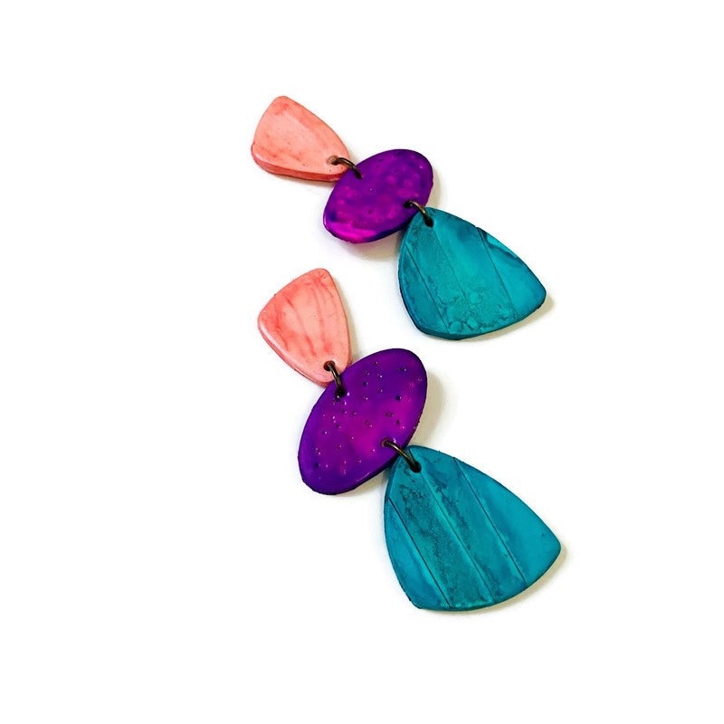 Tri Color Clip On Statement Earrings Handmade- "Amy"