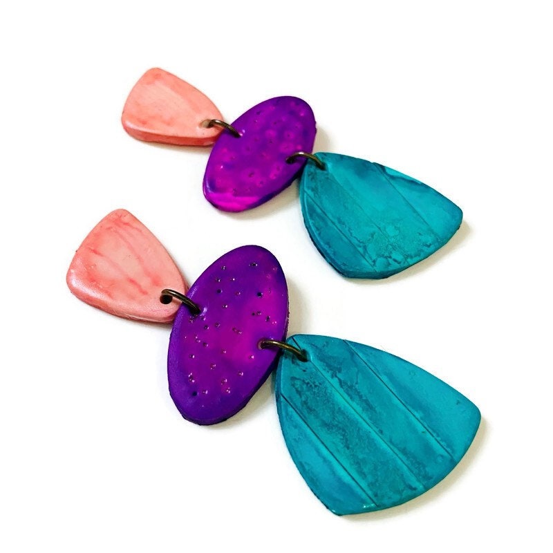 Tri Color Clip On Statement Earrings Handmade- "Amy"