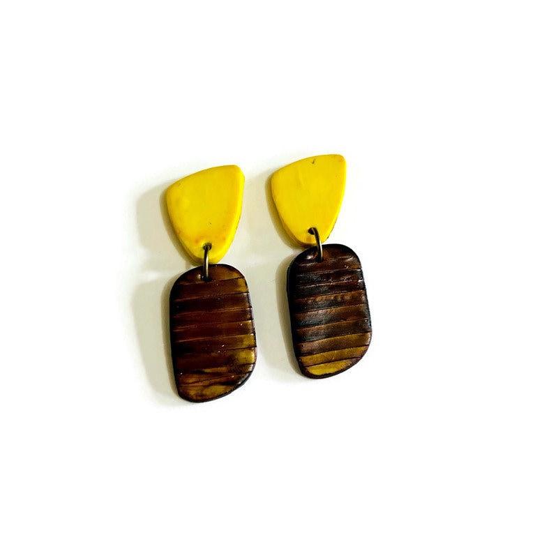 Clay Two Tone Earrings Handmade, Post or Clip Ons - "Alex"