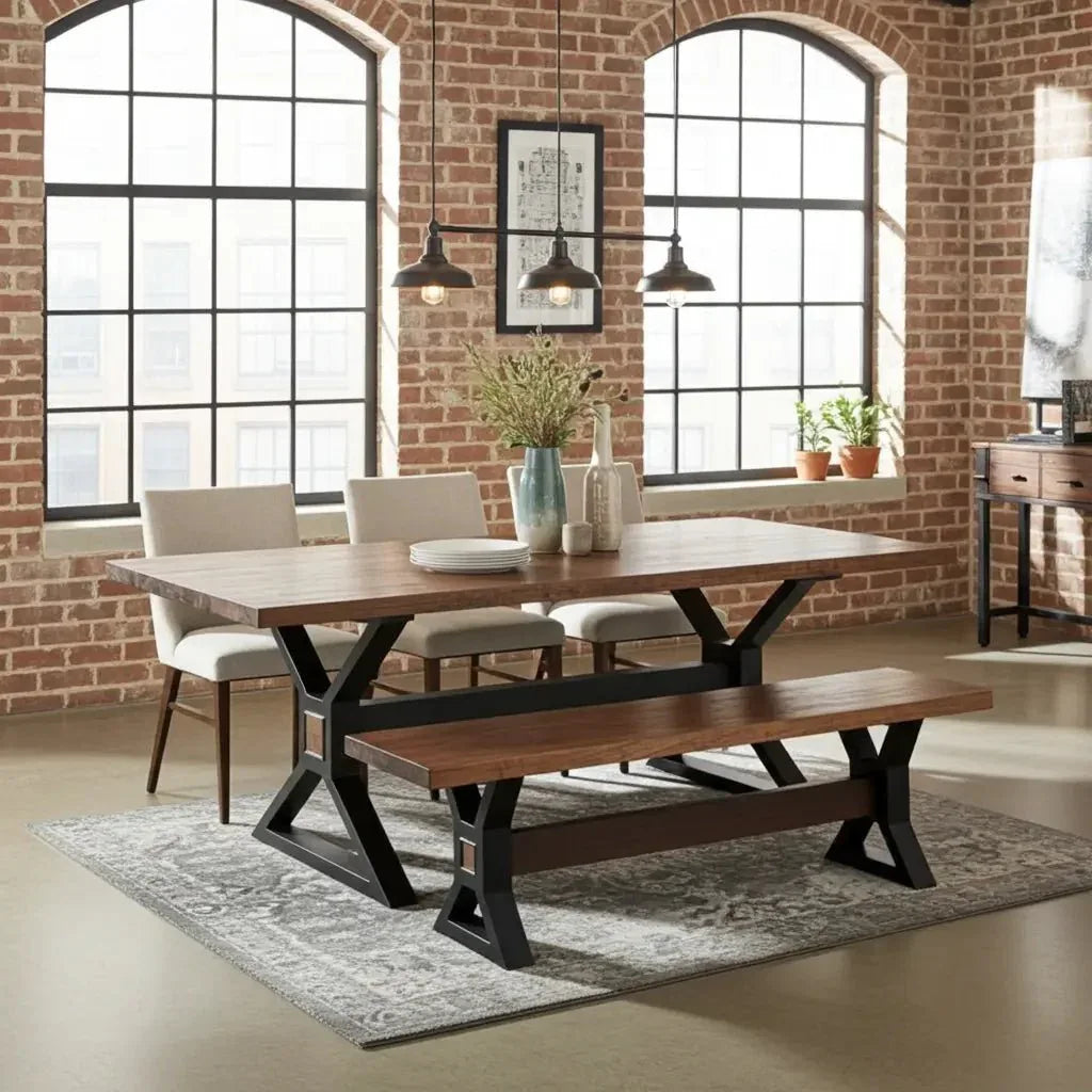 Table à diner patte en X noir mat avec plateau en Acacia Brun et 1 Banc patte en X noir mat en bois d'acacia brun
