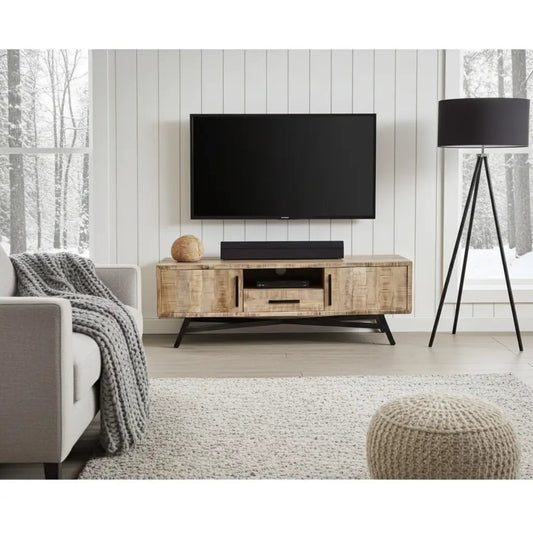 Meuble télé en bois de manguier brut sur patte en acier noir