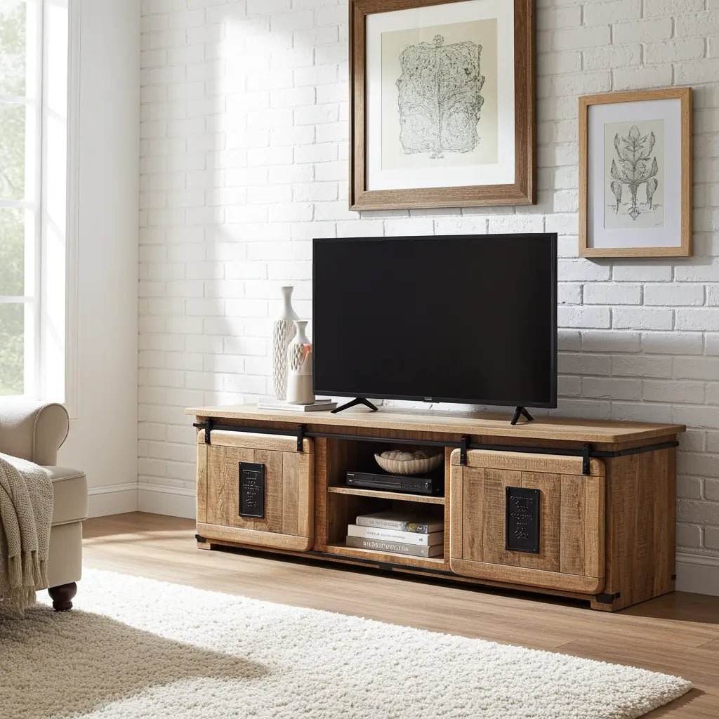 Meuble Télé Farmhouse en bois de manguier brut portes coulissantes