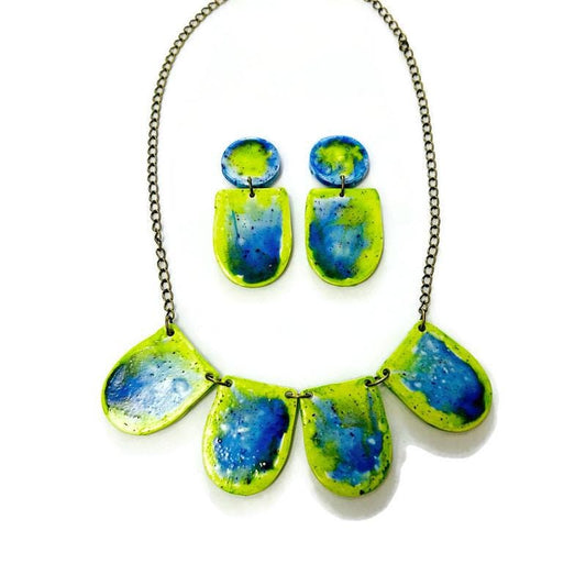 Watercolor Jewelry Set with Statement Necklace & Earrings Handmade