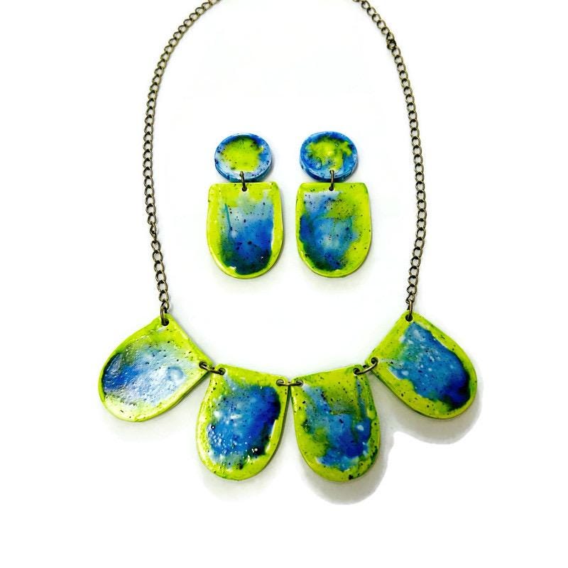 Handmade Bib Statement Necklace in Watercolor Green & Blue