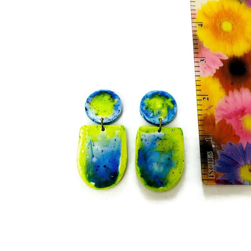 Fluid Art Statement Earrings in Lime Green & Blue