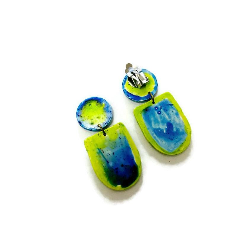 Watercolor Clip On Earrings in Blue & Green