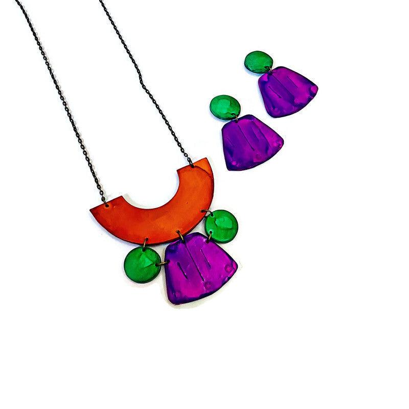 Wide Statement Earrings in Purple & Green- "Janet"
