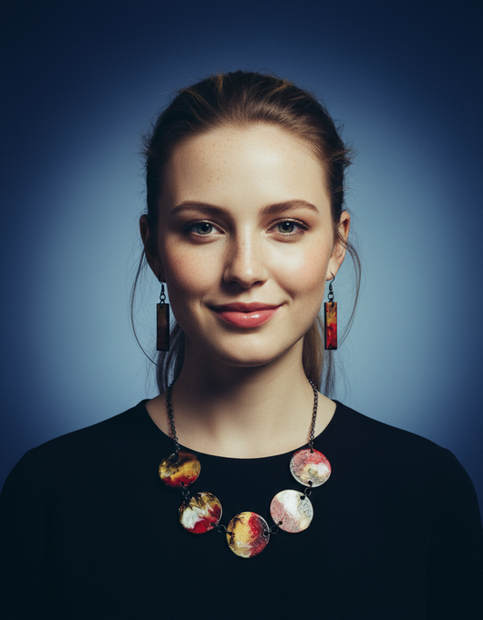 Rustic Beaded Necklace & Earring Set Handmade from Clay & Painted with Alcohol Ink