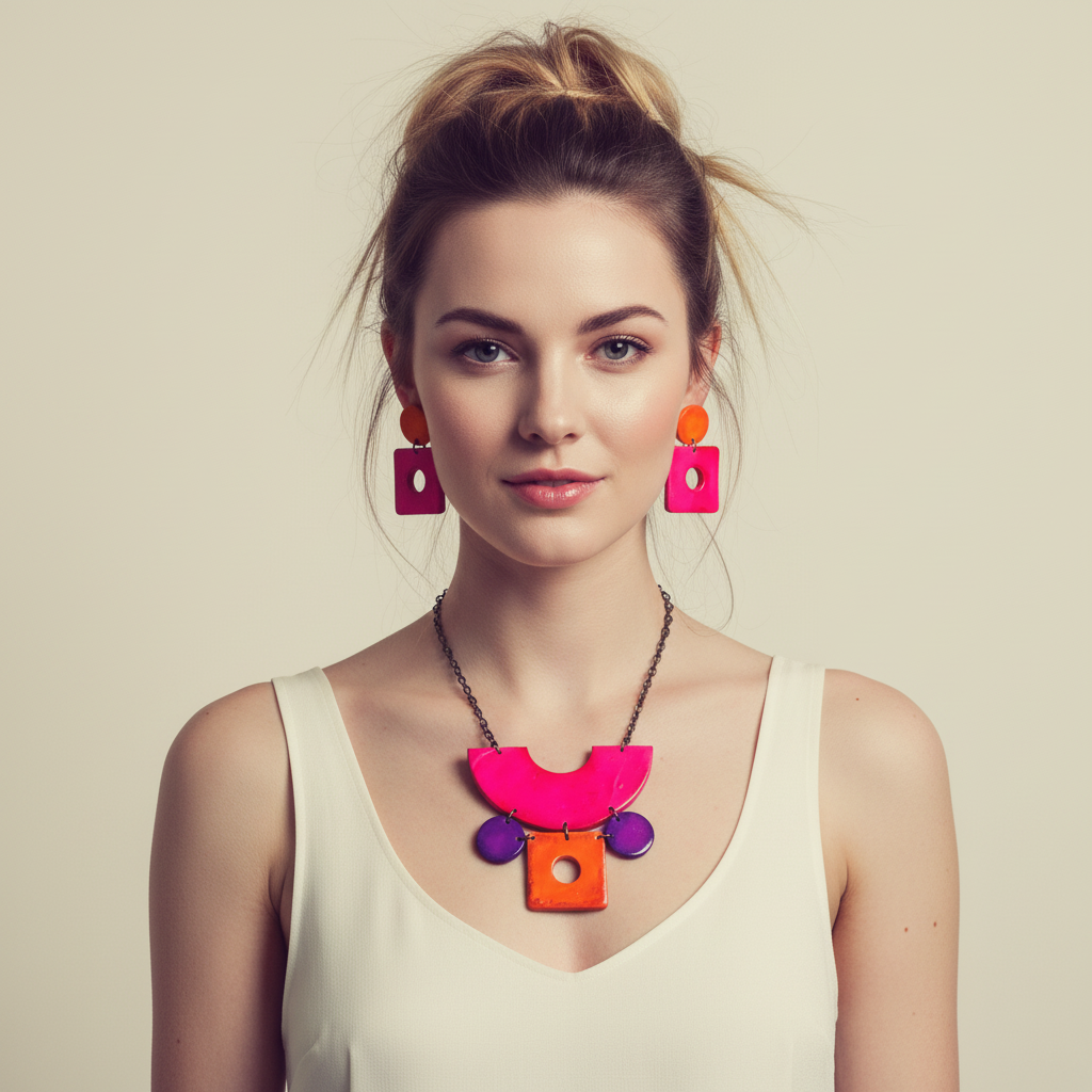 Retro Statement Necklace | Geometric Bib Necklace in Neon Pink, Purple & Orange
