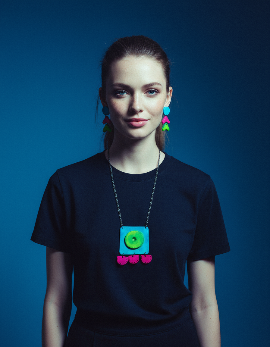 Abstract Neon Statement Necklace & Earrings Set, Handmade Polymer Clay