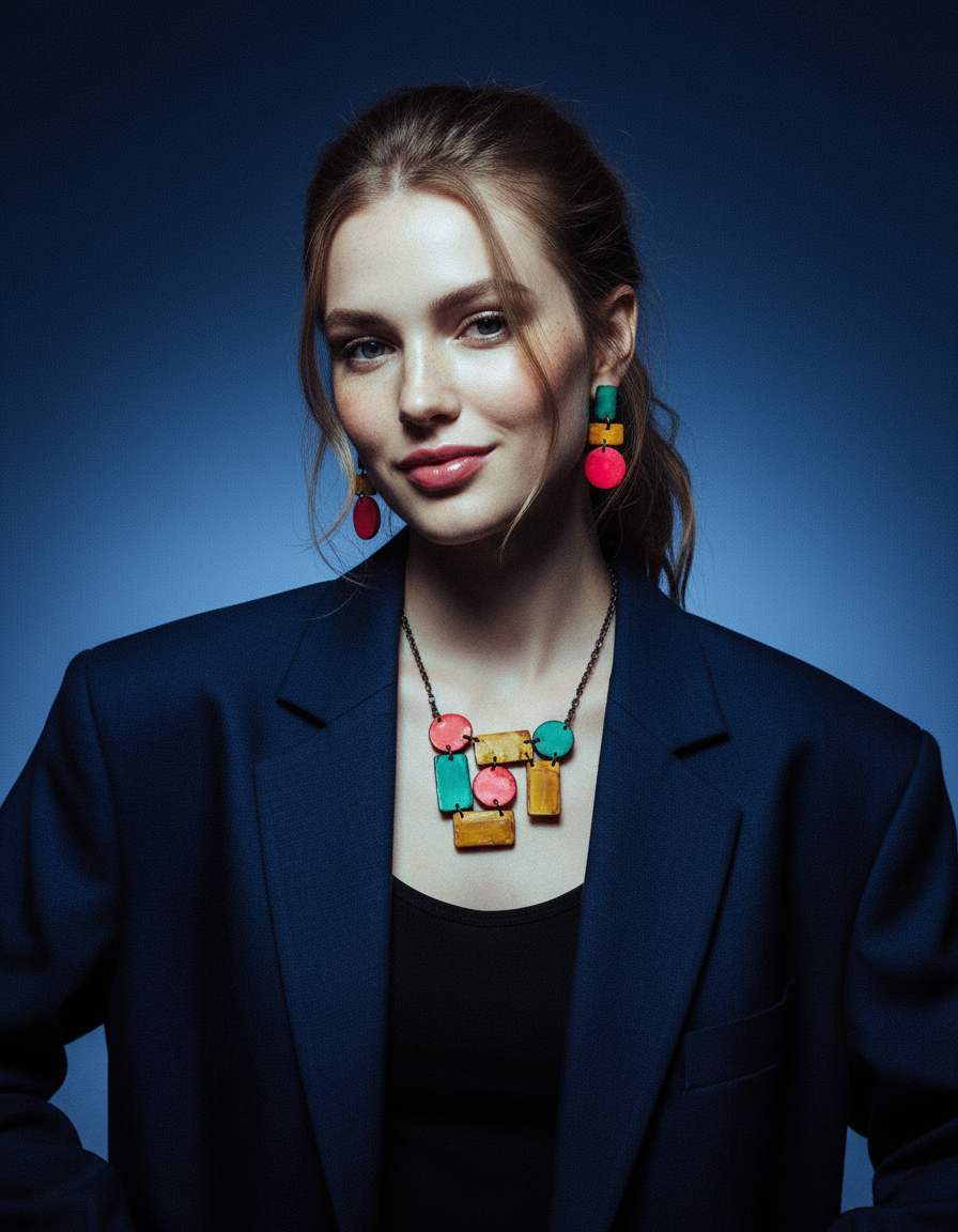 Artsy Statement Bib Necklace with Geometric Style Handmade from Clay & Painted