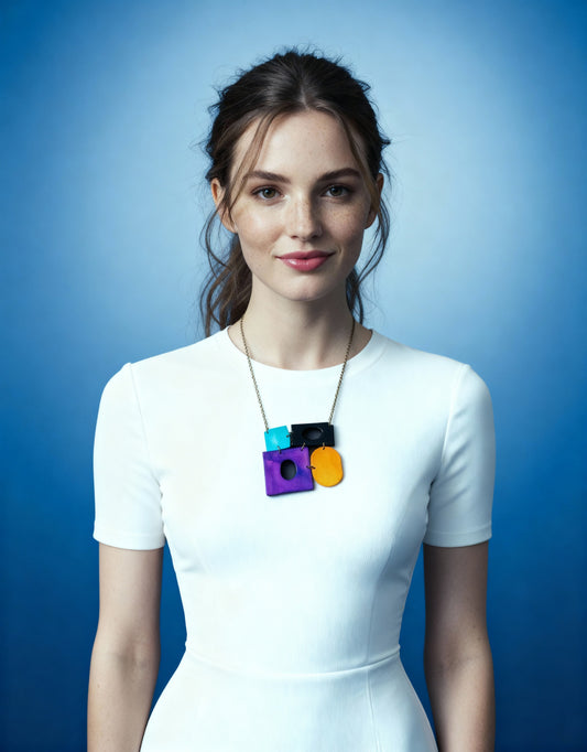 Color Block Statement Pendant Necklace, Four-Piece Design, Handmade Polymer Clay