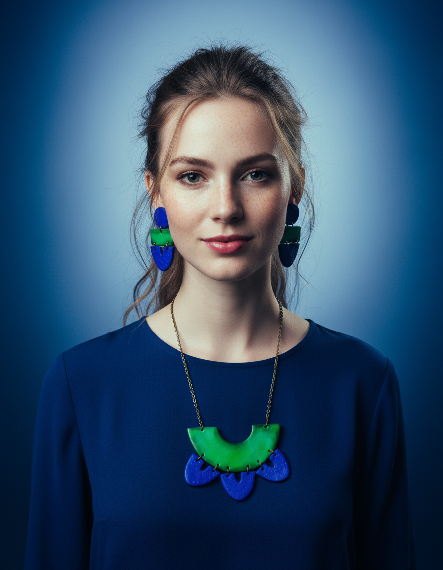 Artsy Statement Bib Necklace & Earring Set Handmade from Clay Painted Blue Green